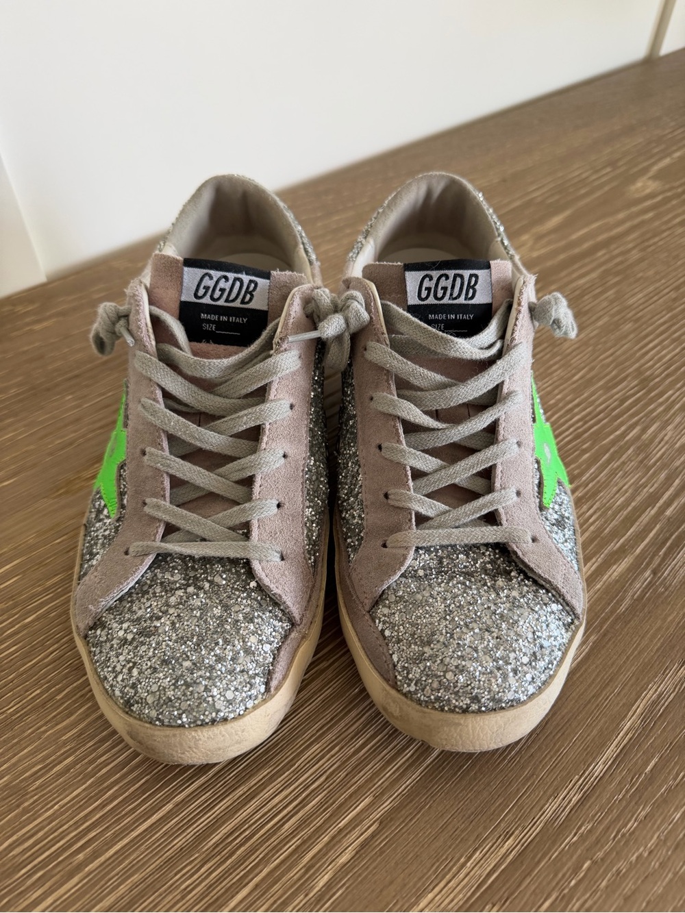 Golden Goose Silver Glitter Sneakers with Neon Green Star - Picture 6 of 6